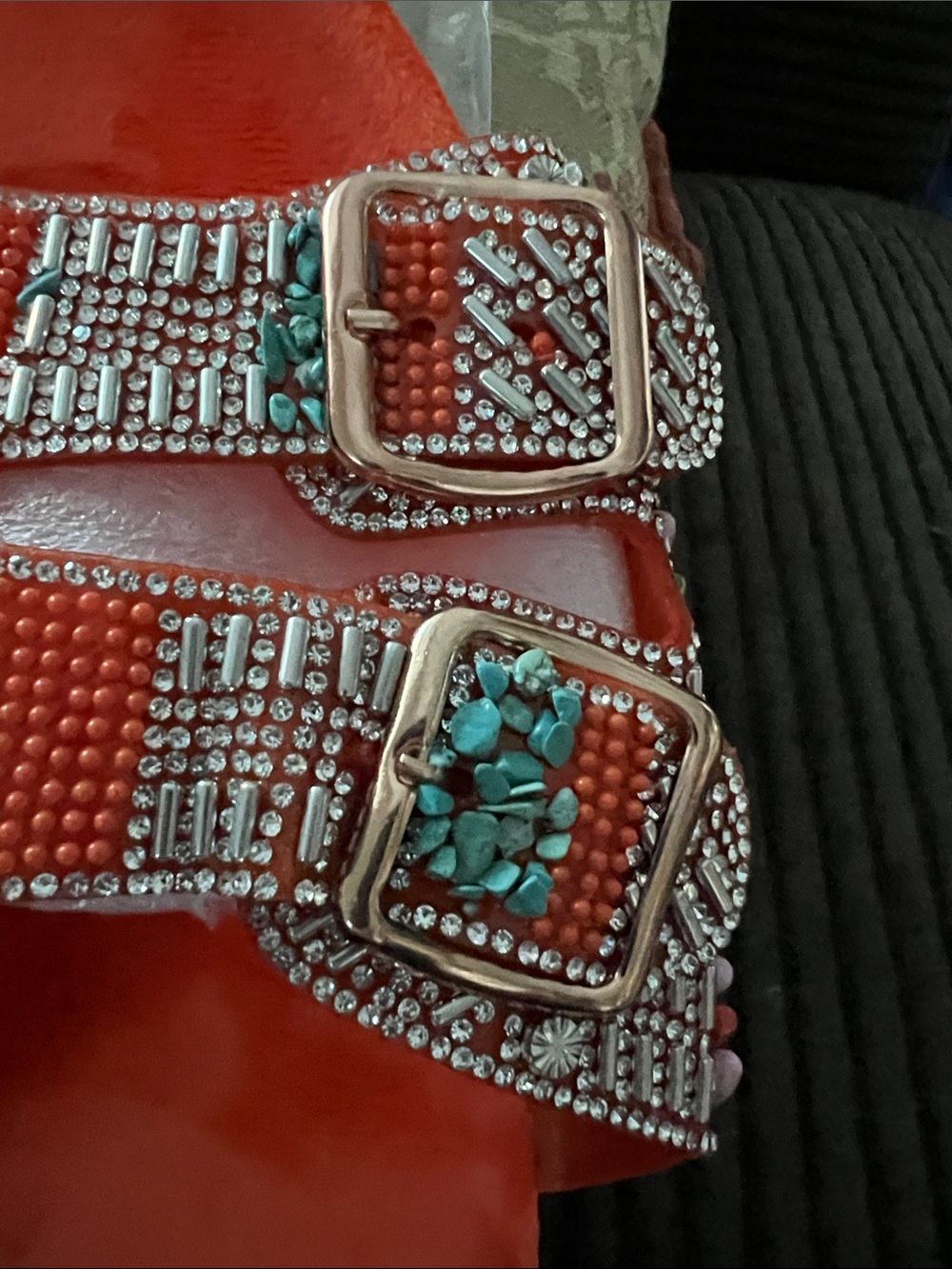 Embellished Orange Slide Sandals with Turquoise & Siver Accents - Picture 11 of 14